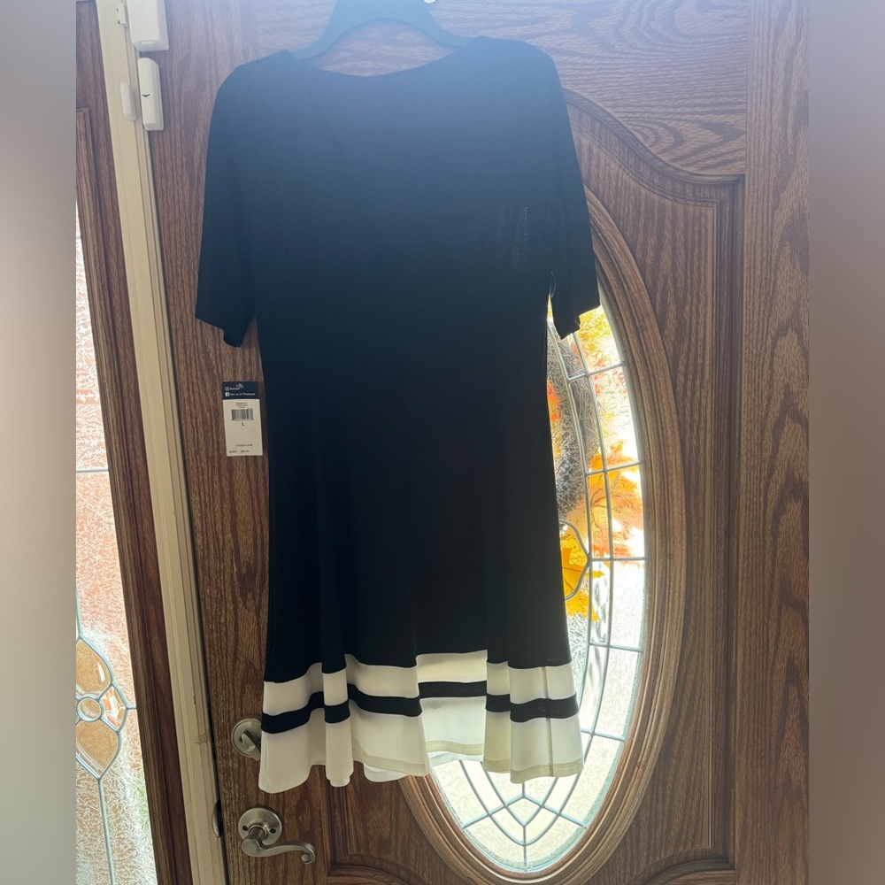 Chaps black dress w/half sleeves, white striped hem, classic & versatile design.